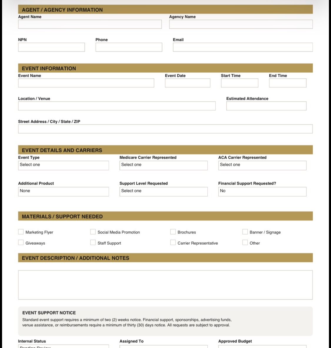 Event Support Request